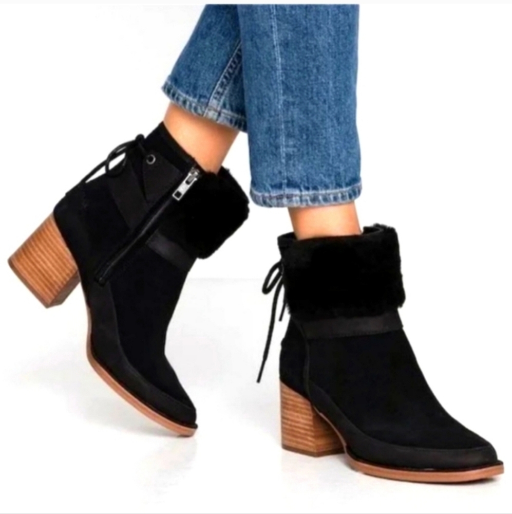 Ugg Kirke Black Suede Ankle Boots Stacked Heel Designer Sherpa #148